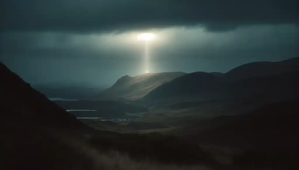 A Scottish landscape with rugged hills, sparse vegetation, and a moody overcast sky. In the distance, there is a subtle glow from a soft beam of light